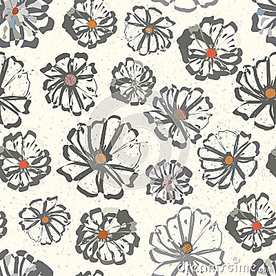 Neutral floral seamless vector pattern with colour splashes on a subtly flecked background. Hand-drawn with modern urban Vector Illustration