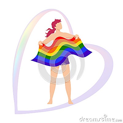 Neutral gender long-haired redhead person proudly standing with LGBT rainbow flag, on the background of rainbow heart Vector Illustration
