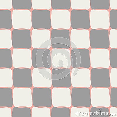 Neutral pastel browns and cream coloured checkerboard seamless vector pattern on pastel coral background. Hand drawn Vector Illustration