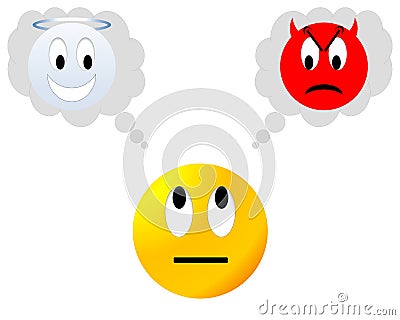 Neutral smiley hesitating between angel and devil Stock Photo