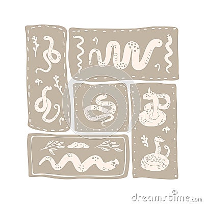 Neutral-toned patchwork design featuring various snakes elements arranged in rectangular segments isolated on white background. Vector Illustration