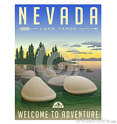 Nevada, Lake Tahoe retro travel poster Vector Illustration