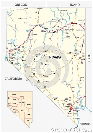 Nevada streets and administrative map with interstate US highways and main roads Vector Illustration
