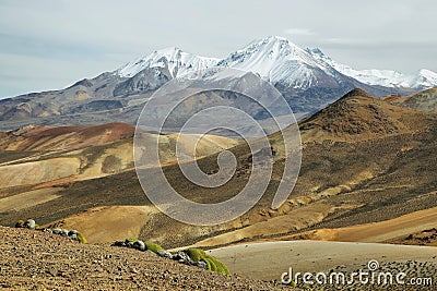 Nevado de Putre and colorful mountain views from Cerro Milagro Stock Photo