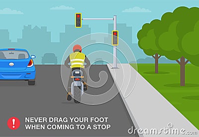 Never drag your foot when coming to a stop. Back view of a biker is about to stop on red traffic signal. Vector Illustration