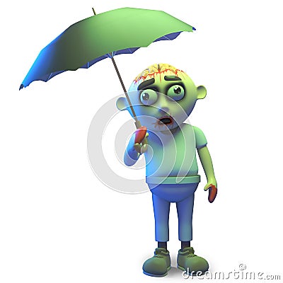 It never rains it pours on poor zombie monster with umbrella, 3d illustration Cartoon Illustration