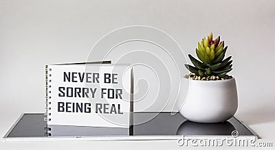 Never regret being real. Inspirational phrase on notepad, next to a cactus flower on a white and black background. Stock Photo