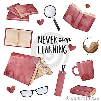 `Never Stop Learning` greeting card design with little positive pet mouse wearing eye glasses and various fun education elements. Cartoon Illustration