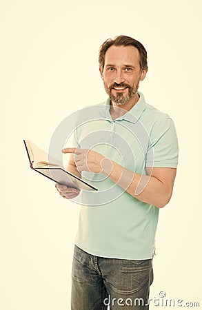 Never too late study. Man mature bearded hold book white background. Useful information. Self education. Home Stock Photo