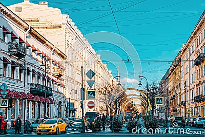 Nevsky Avenue. Urban and historically beautiful city views of Saint Petersburg. Russia Editorial Stock Photo