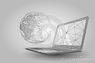 Low poly wireframe Global World. Planet Earth on laptop screen Vector Illustration