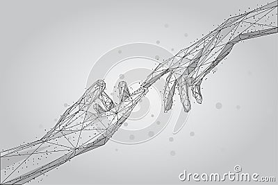 Low poly wireframe human hands touching with fingers from lines, triangles and particles. Vector Illustration