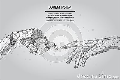 Abstract mash line and point Low poly wireframe human and robot hands touching with fingers. Polygonal artificial intelligence Vector Illustration