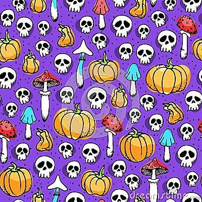 Seamless pattern with pumpkin, skull and mushrooms on color very peri Vector Illustration