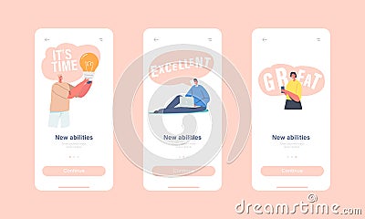 New Abilities Mobile App Page Onboard Screen Template. Tiny Character Holding Huge Light Bulb, Businessman Using Laptop Vector Illustration