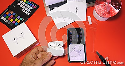 New Apple Computers AirPods Pro headphones unboxing Editorial Stock Photo