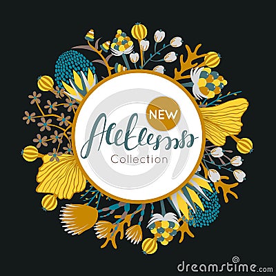 New autumn collection. Fall. Floral round frame. Hand drawn flowers around circle Vector Illustration