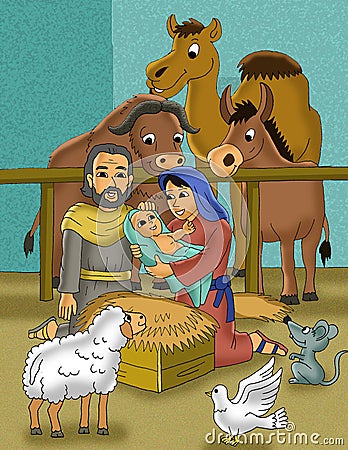 New baby born in stable cartoon illustration Cartoon Illustration