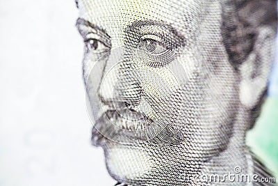 New banknote denomination of 20 UAH. Ukrainian money close up. Stock Photo