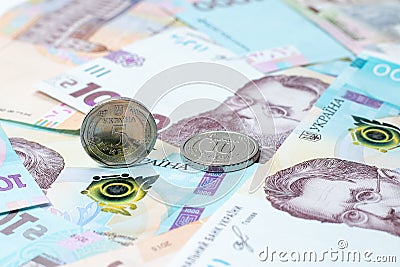 New banknotes and coins Ukrainian Hryvnia Stock Photo