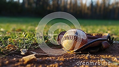 New Baseball in a Glove in the Outfield Generative AI Stock Photo