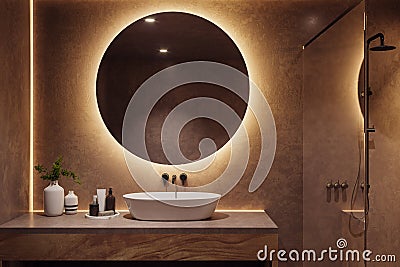 New bathroom interior with illuminated round mirror and sink. Stock Photo