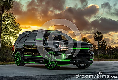 New modern shiny black car standing on the road at sunset Stock Photo
