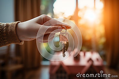 New beginning woman holds key house keychain in a fresh space Stock Photo