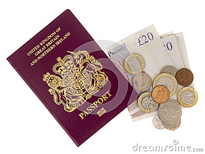 New Bergundy UK passport, no longer showing words `European Union`. With currency, pounds sterling. Isolated on white. Editorial Stock Photo