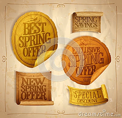 New and best spring offers, exclusive offer, spring savings, special discount, sale stickers Vector Illustration