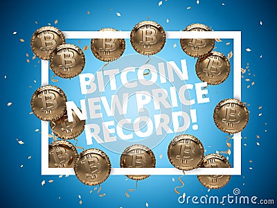New Bitcoin price record celebration poster. Shiny Balloons with Bitcoin logos around Square Frame. Cartoon Illustration