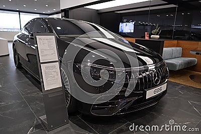 new black electric Mercedes EQS 53 4MATIC car in showroom, EV contemporary, technological advancements in automotive industry, Editorial Stock Photo
