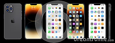 New black, gray Iphone 15. Apple inc. smartphone with ios 15. Locked screen, phone navigation page, home page with 47 popular apps Vector Illustration