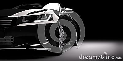 New black metallic sedan car in spotlight. Modern desing, brandless. Stock Photo