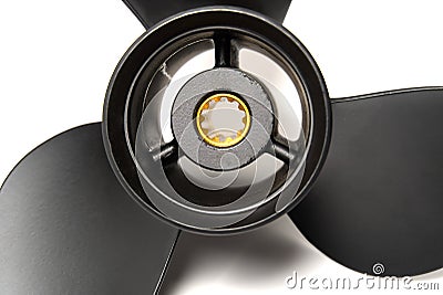 New black screw from a motor boat. three-bladed propeller. Isolated over white background. Stock Photo