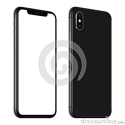 New black smartphone similar to iPhone X mockup front and back sides CCW rotated isolated on white background Stock Photo