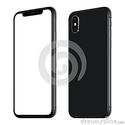 New black smartphone mockup similar to iPhone X front and back sides CW rotated isolated on white background Stock Photo