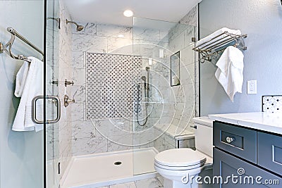 New blue bathroom design with Marble shower Surround Stock Photo