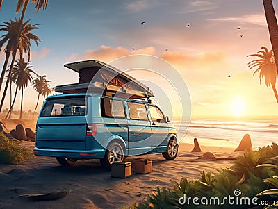 New blue camper van with a rooftop tent in front of a beautiful seascape. Family travel by car. Stock Photo