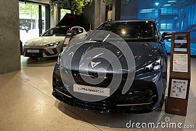 new blue fully electric Cupra Tavascan, Spanish crossover, sustainable innovation, e-Boost functionality in Berlin - August 6, Editorial Stock Photo