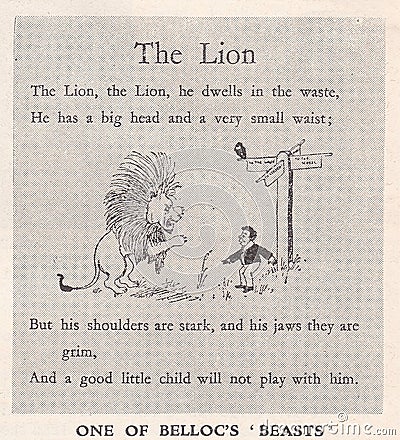 Vintage illustration of One of Belloc`s `Beasts` The Lion. Editorial Stock Photo