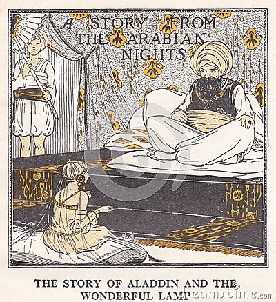 Vintage illustration of The Story of Aladdin and the Wonderful Lamp. Editorial Stock Photo