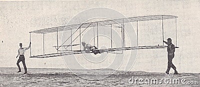 Vintage 1930s black and white photo of a Wright Brothers Glider 1902. Editorial Stock Photo