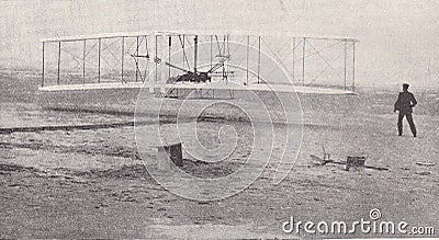 Vintage 1930s black and white photo of a Wright Brothers enginer Glider 1902. Editorial Stock Photo