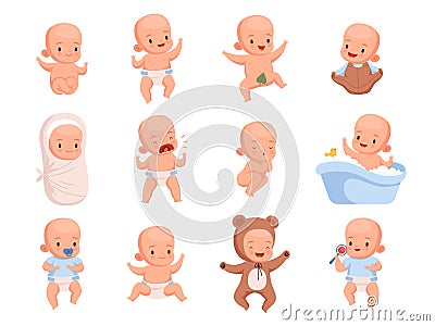 New born babies. Sleeping infant childrens smile cute little characters nowaday vector illustrations Vector Illustration