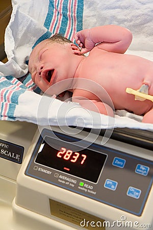 New Born Baby Being Weighed Stock Photography - Image: 27598432