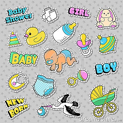 New Born Baby Stickers, Patches, Badges Scrapbook Baby Shower Decoration Set with Stork and Toys Vector Illustration