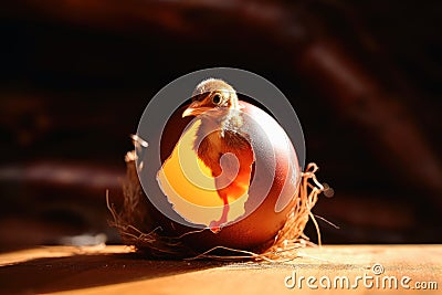 A new born bird looking out of an egg shell created with generative AI technology Stock Photo