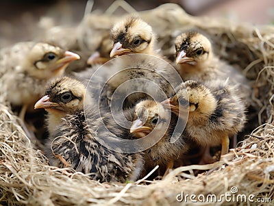 New born chicks in a nest on a farm. Selective focus. Made with Generative AI Stock Photo