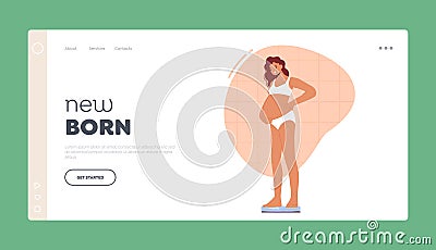 New Born Landing Page Template. Beautiful Pregnant Woman Weighing on Scales Checking If Her Weight Is Under Control Vector Illustration